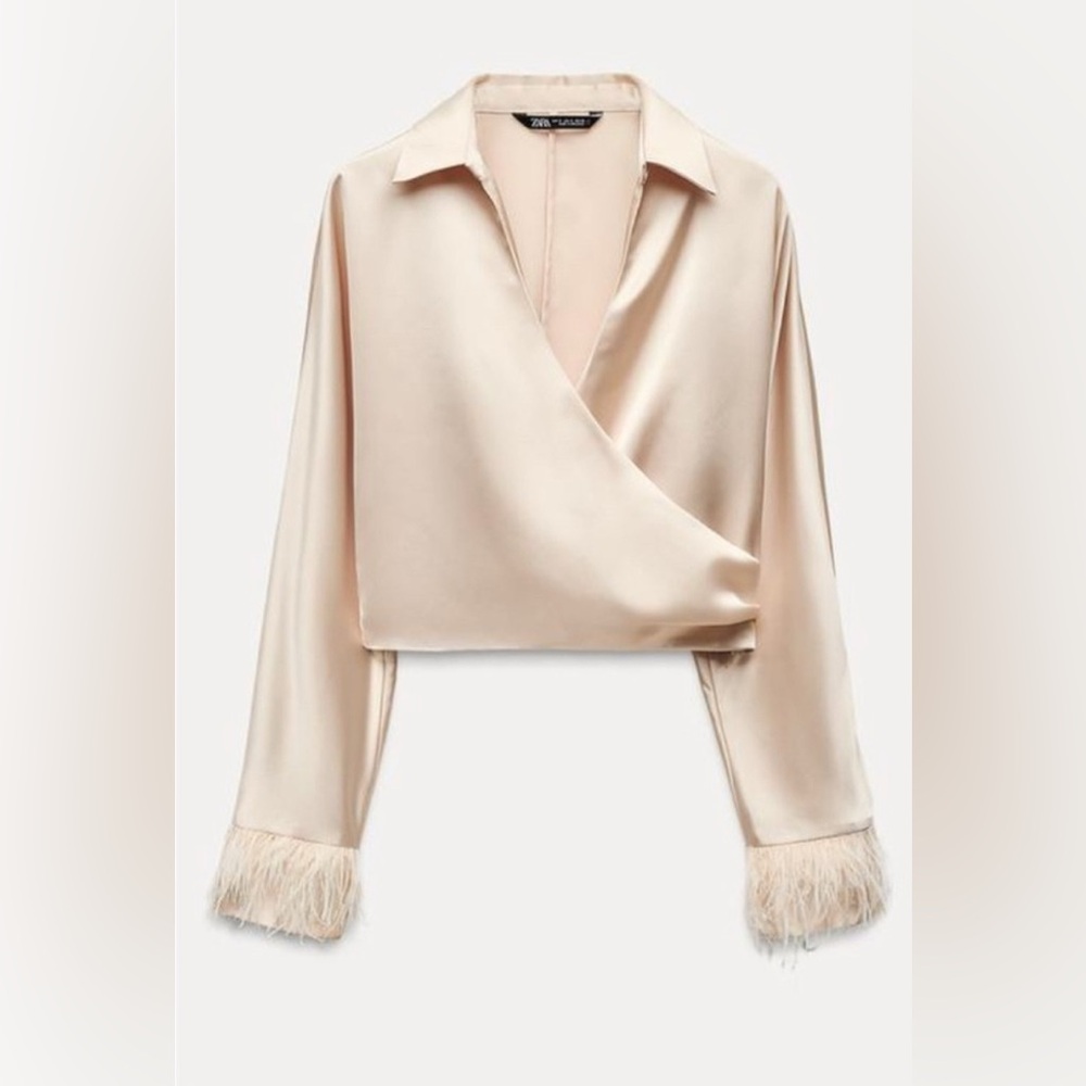 Zara Cream Satin Wrap Blouse with Feather Trim